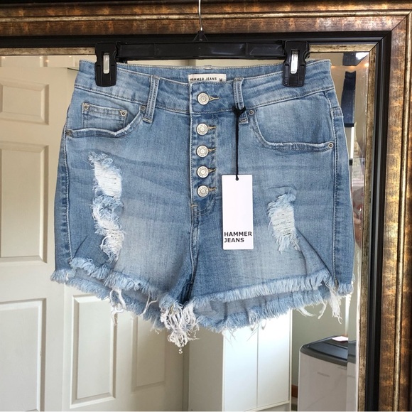Hammer Jeans Denim Shorts - High Rise | Light Wash | Distressed | Frayed | Jean - Picture 1 of 7